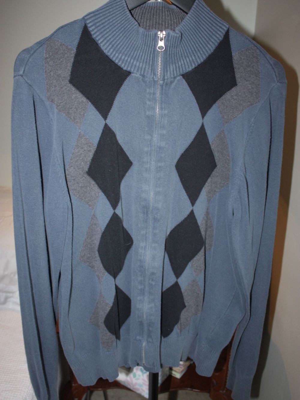 Dockers Men Slim Fit Full Zip Argyle Cardigan Sweater Slate Blue Gray Size M